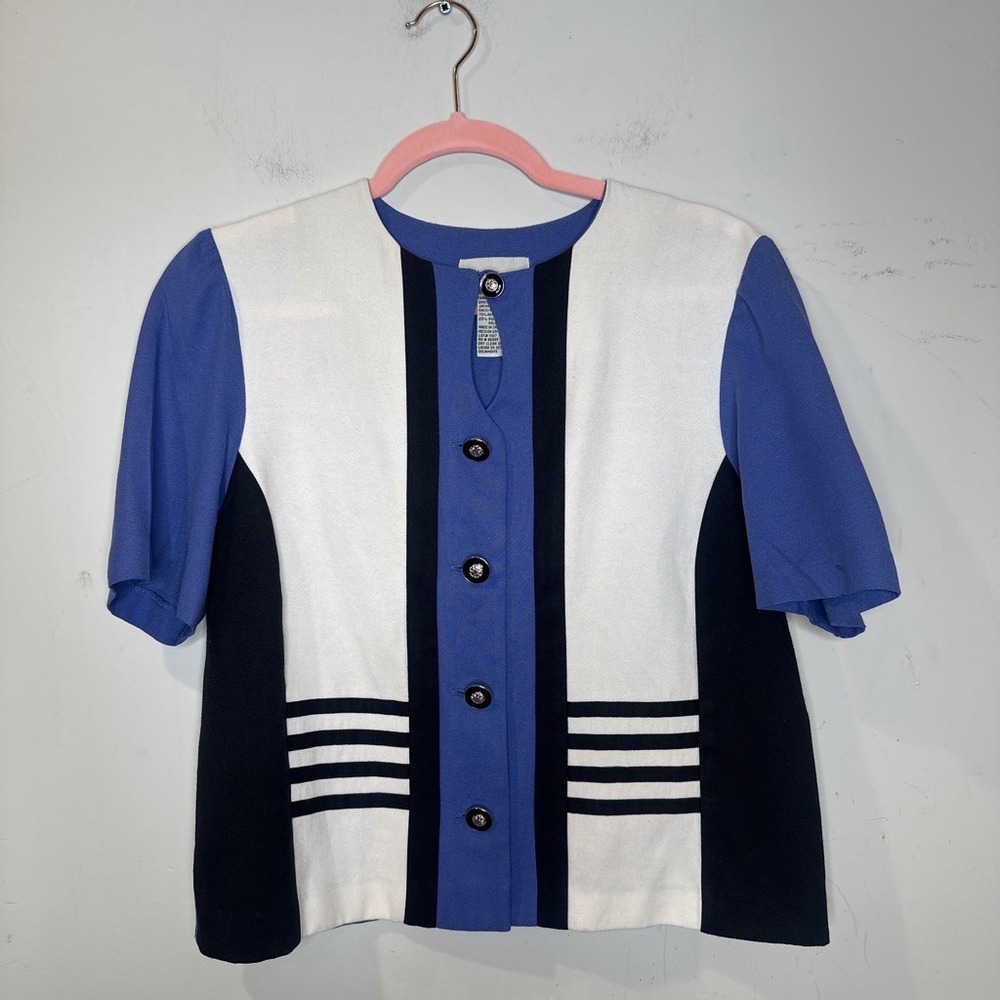 90s Prep Vintage Colorblock Button Front Top Blue White Black 10 Petite Medium